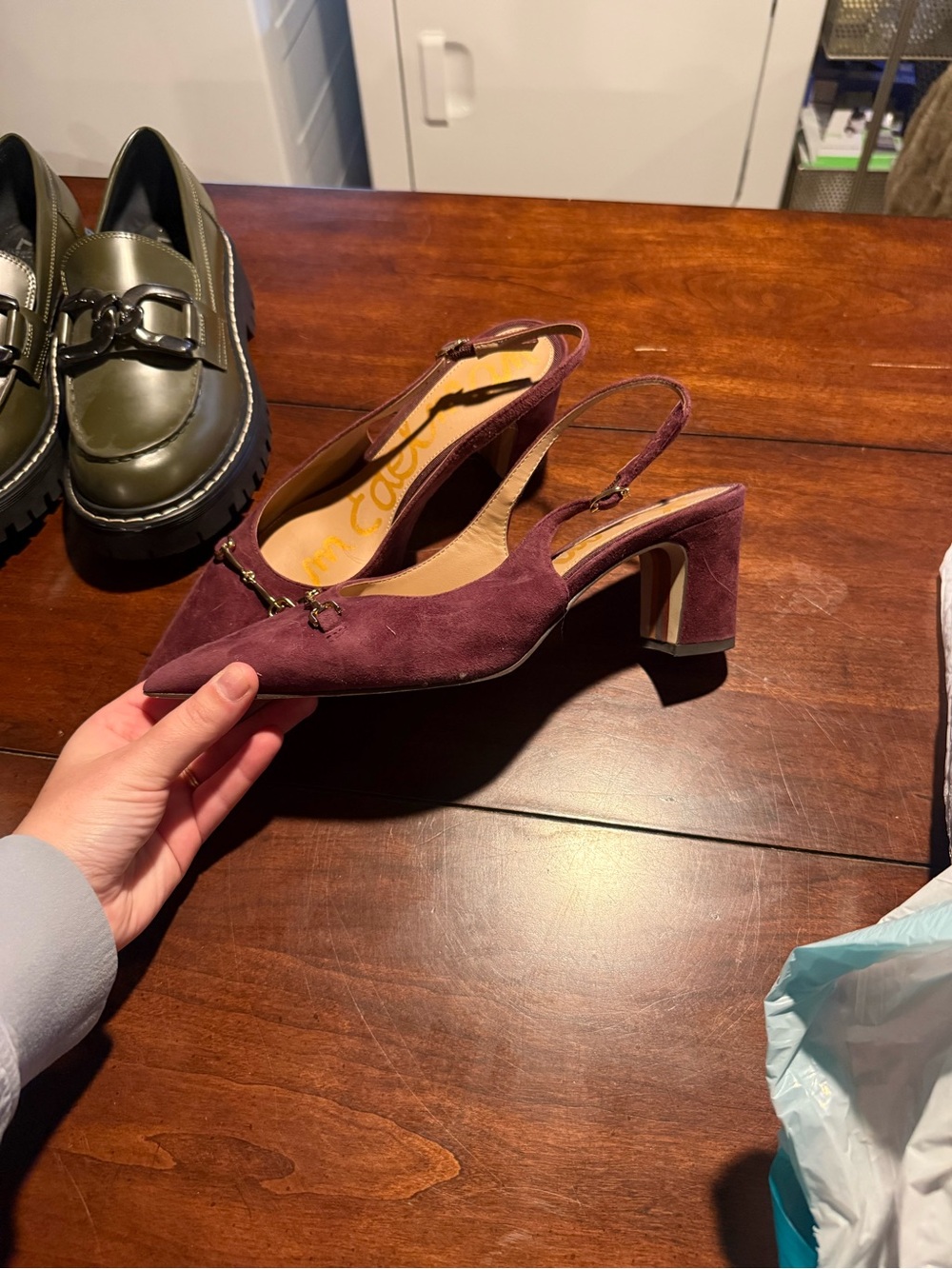 Sam Edelman Plum Suede Pointed Slingback Heels with Bit Detail - Picture 2 of 4